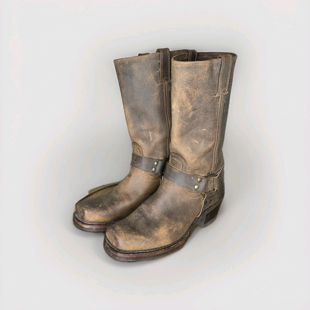 Frye Distressed Brown Leather Harness Ankle Boots